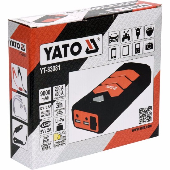 Компактна батерия за аварийно запалване YATO, 12 V, 9000 mAh, USB